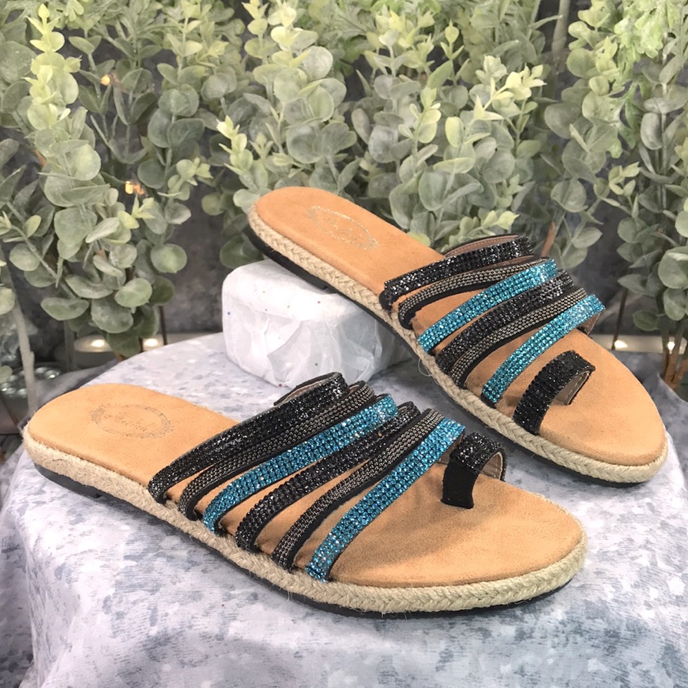 Italina Black & Turquoise Strappy Rhinestone Espadrille Sandals WMS 8.5M☀️NWOT☀️